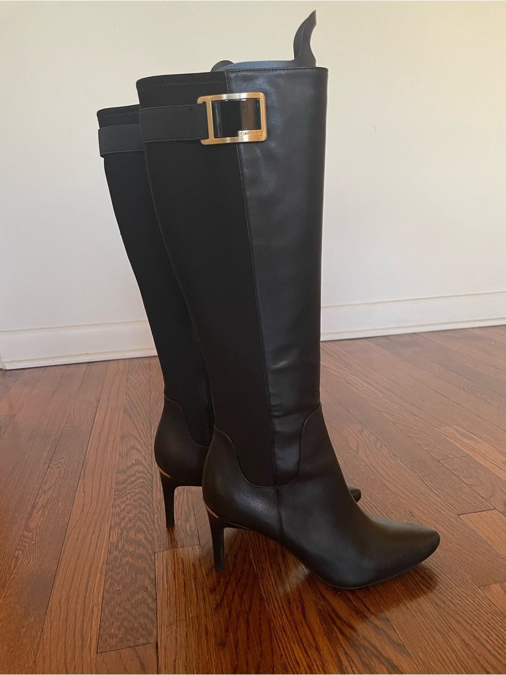 Calvin Klein Black Over-the-Knee Buckle Stiletto Boots